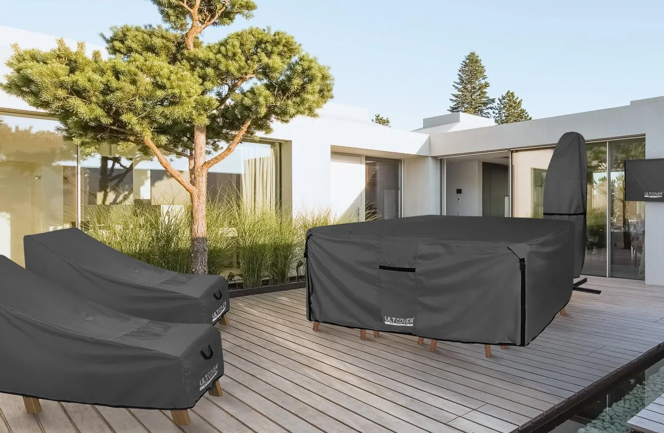 ULTCOVER 600D Tough Canvas Heavy Duty Rectangular Patio Table and Chair Cover - Waterproof Outdoor General Purpose Furniture Covers 126Lx74Wx28H inch, Black