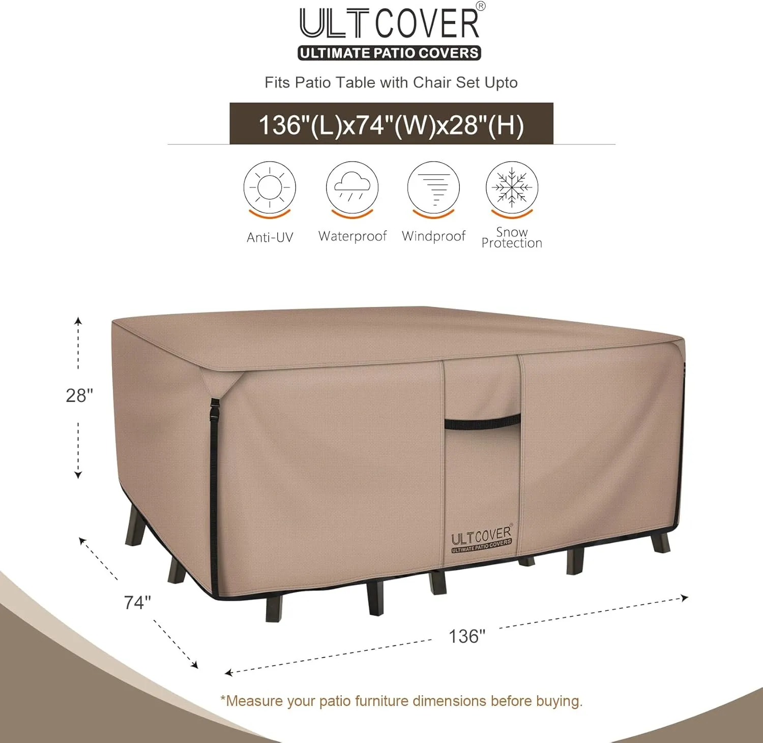ULTCOVER Rectangular Patio Heavy Duty Table Cover - 600D Tough Canvas Waterproof Outdoor Dining Table and Chairs General Purpose Furniture Cover Size 136L x 74W x 28H inch