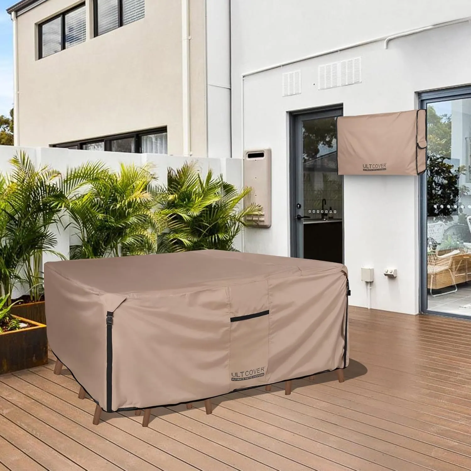 ULTCOVER Rectangular Patio Heavy Duty Table Cover - 600D Tough Canvas Waterproof Outdoor Dining Table and Chairs General Purpose Furniture Cover Size 136L x 74W x 28H inch