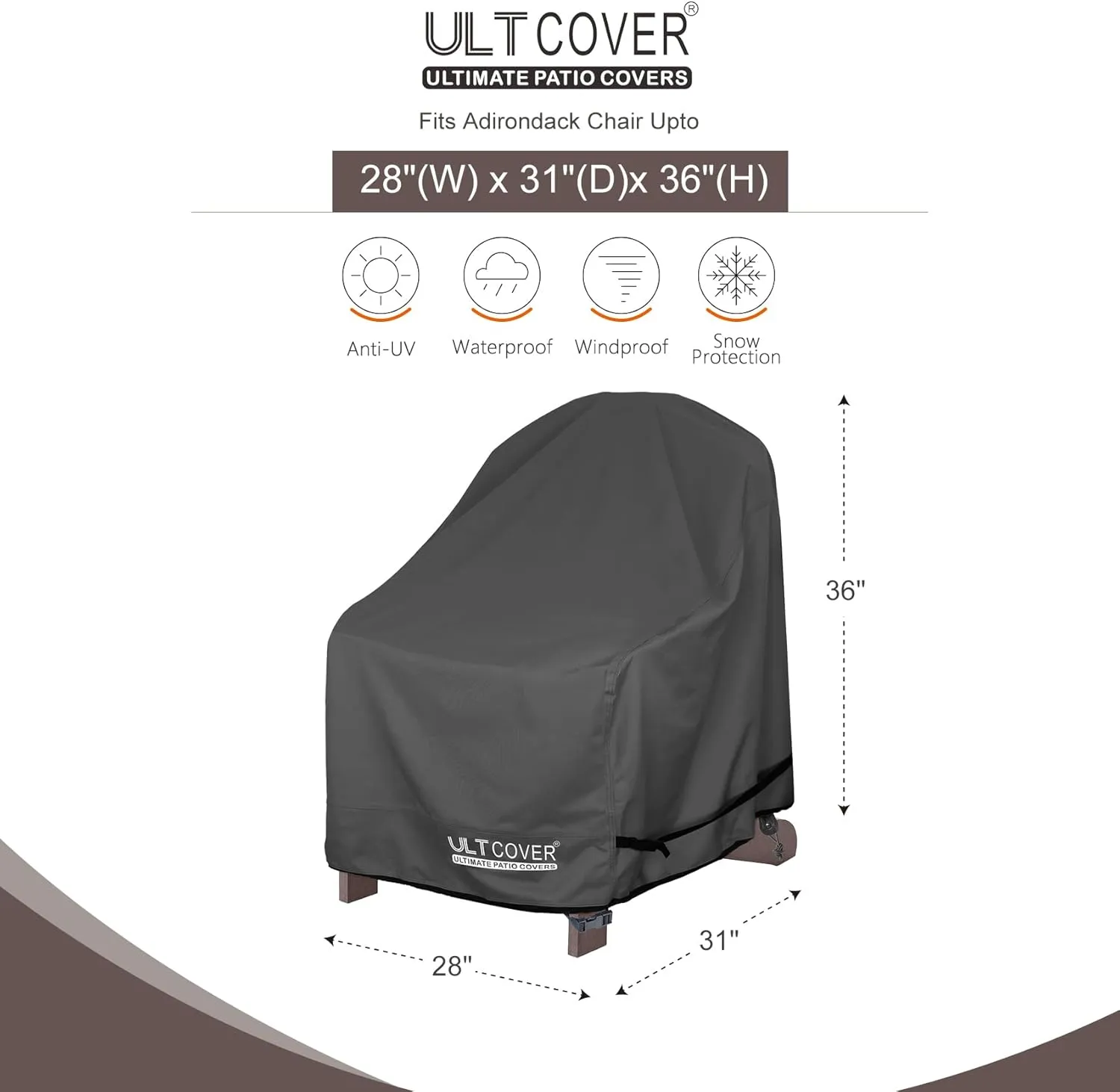 ULTCOVER Waterproof Patio Adirondack Chair Cover 2 Pack for Outdoor Chair Size Upto 28W x 31D x 36H inch, Black