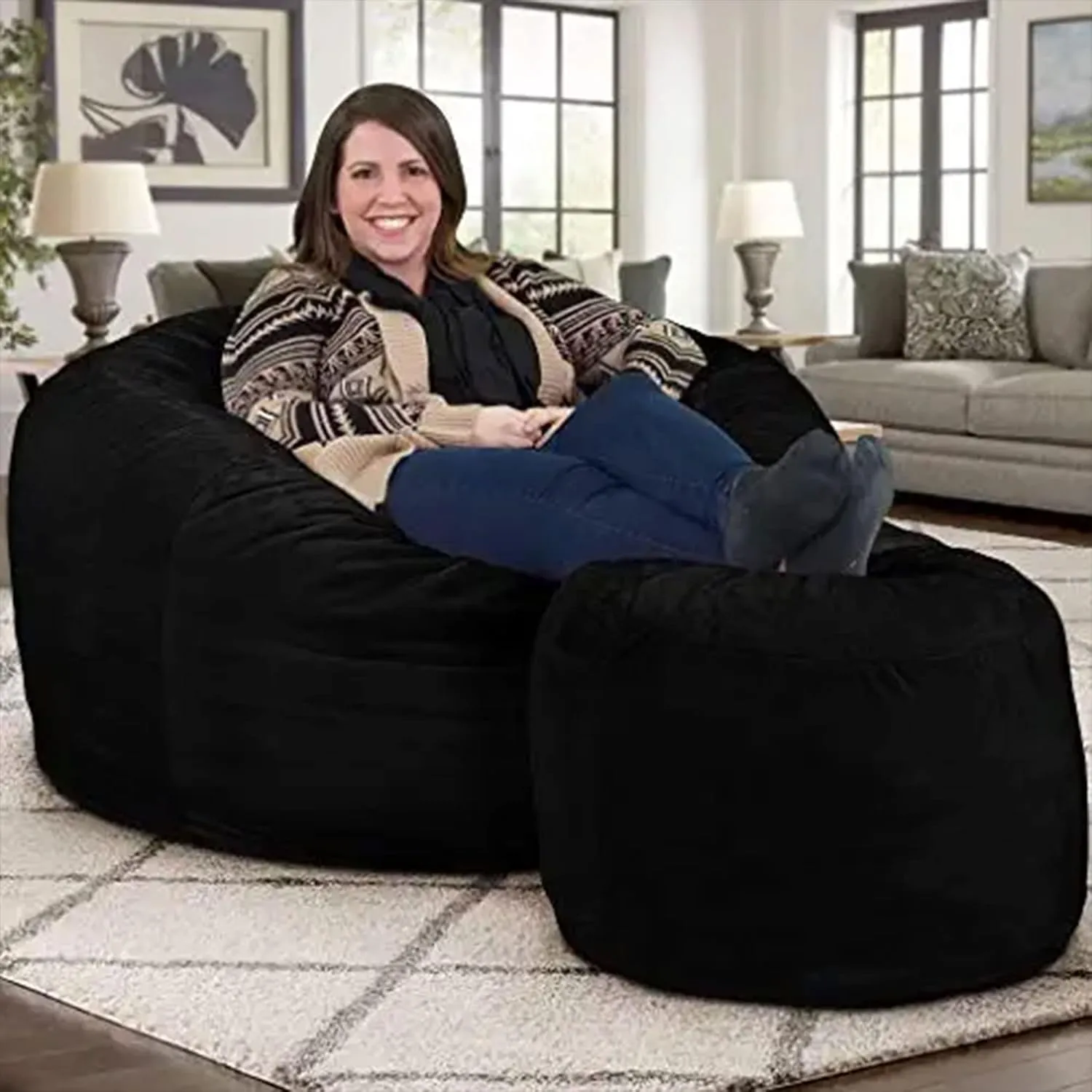 ULTIMATE SACK 4ft Bean Bag Chair & Footstool, Oversize Bean Bag Chair for Adults, Comfy Chair Bean Bag Couch Lounge Sofa Loveseat Furniture | Black Suede