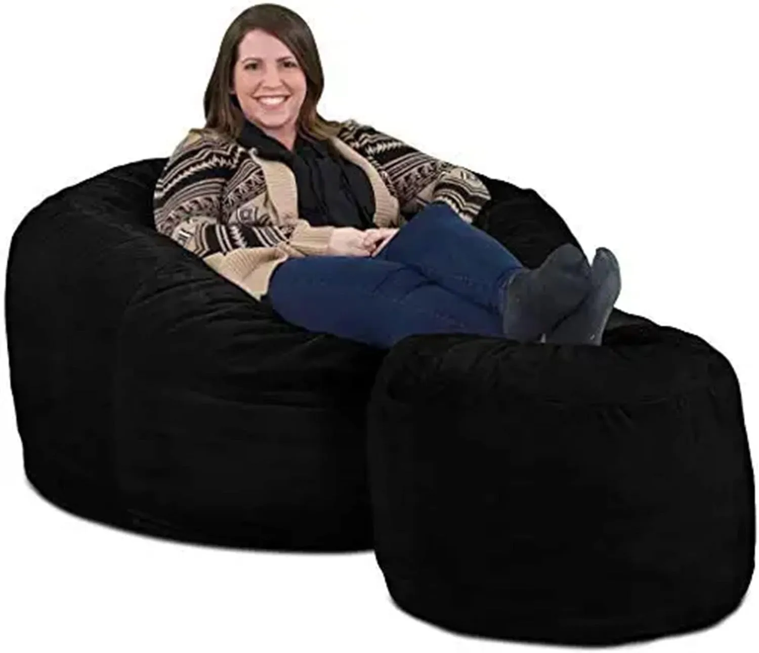 ULTIMATE SACK 4ft Bean Bag Chair & Footstool, Oversize Bean Bag Chair for Adults, Comfy Chair Bean Bag Couch Lounge Sofa Loveseat Furniture | Black Suede