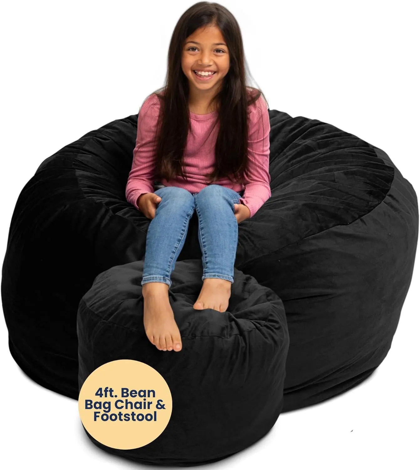ULTIMATE SACK 4ft Bean Bag Chair & Footstool, Oversize Bean Bag Chair for Adults, Comfy Chair Bean Bag Couch Lounge Sofa Loveseat Furniture | Black Suede