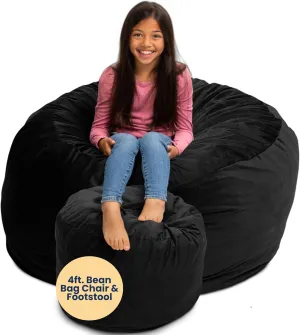 ULTIMATE SACK 4ft Bean Bag Chair & Footstool, Oversize Bean Bag Chair for Adults, Comfy Chair Bean Bag Couch Lounge Sofa Loveseat Furniture | Black Suede