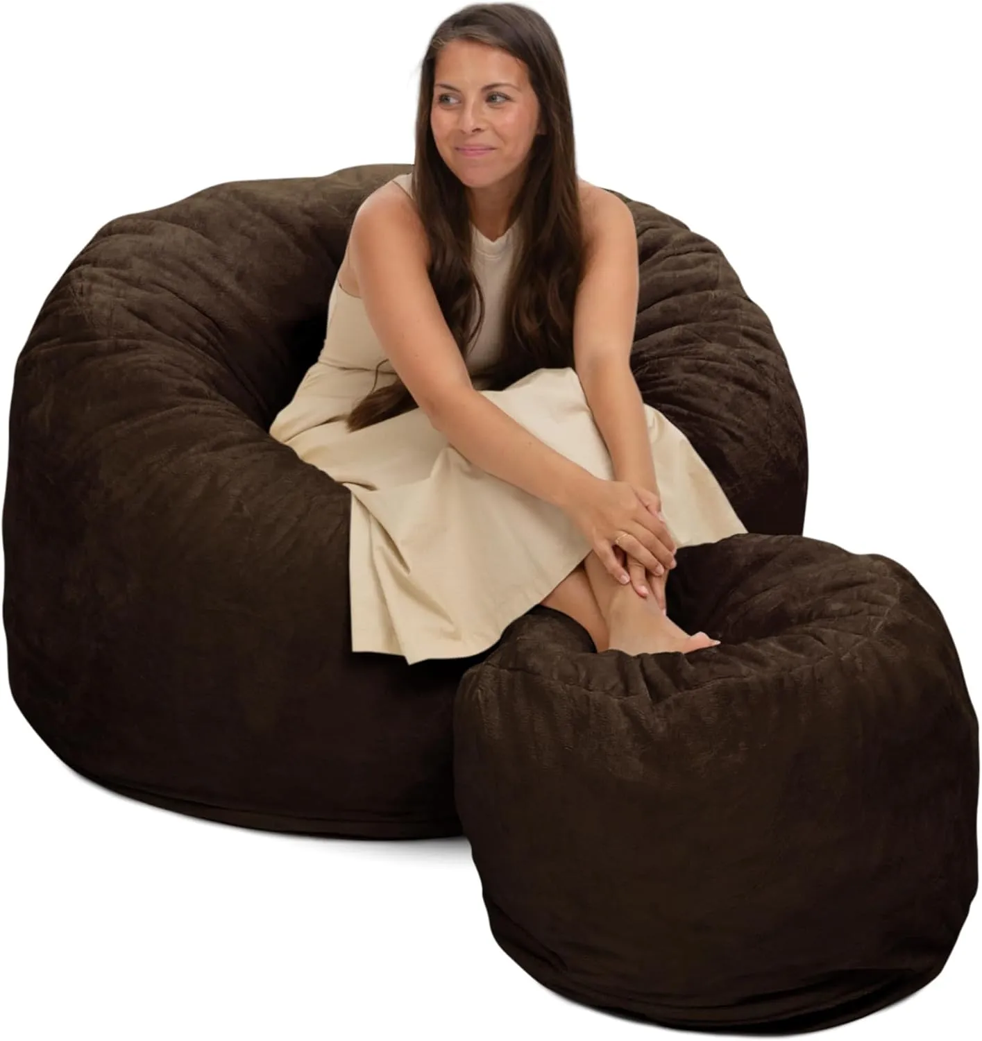 ULTIMATE SACK 4ft Bean Bag Chair & Footstool, Oversize Bean Bag Chair for Adults, Comfy Chair Bean Bag Couch Lounge Sofa Loveseat Furniture | Brown Fur