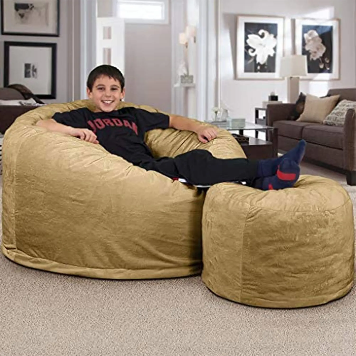 ULTIMATE SACK 4ft Bean Bag Chair & Footstool, Oversize Bean Bag Chair for Adults, Comfy Chair Bean Bag Couch Lounge Sofa Loveseat Furniture | Camel Suede