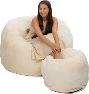 ULTIMATE SACK 4ft Bean Bag Chair & Footstool, Oversize Bean Bag Chair for Adults, Comfy Chair Bean Bag Couch Lounge Sofa Loveseat Furniture | Ivory Fur