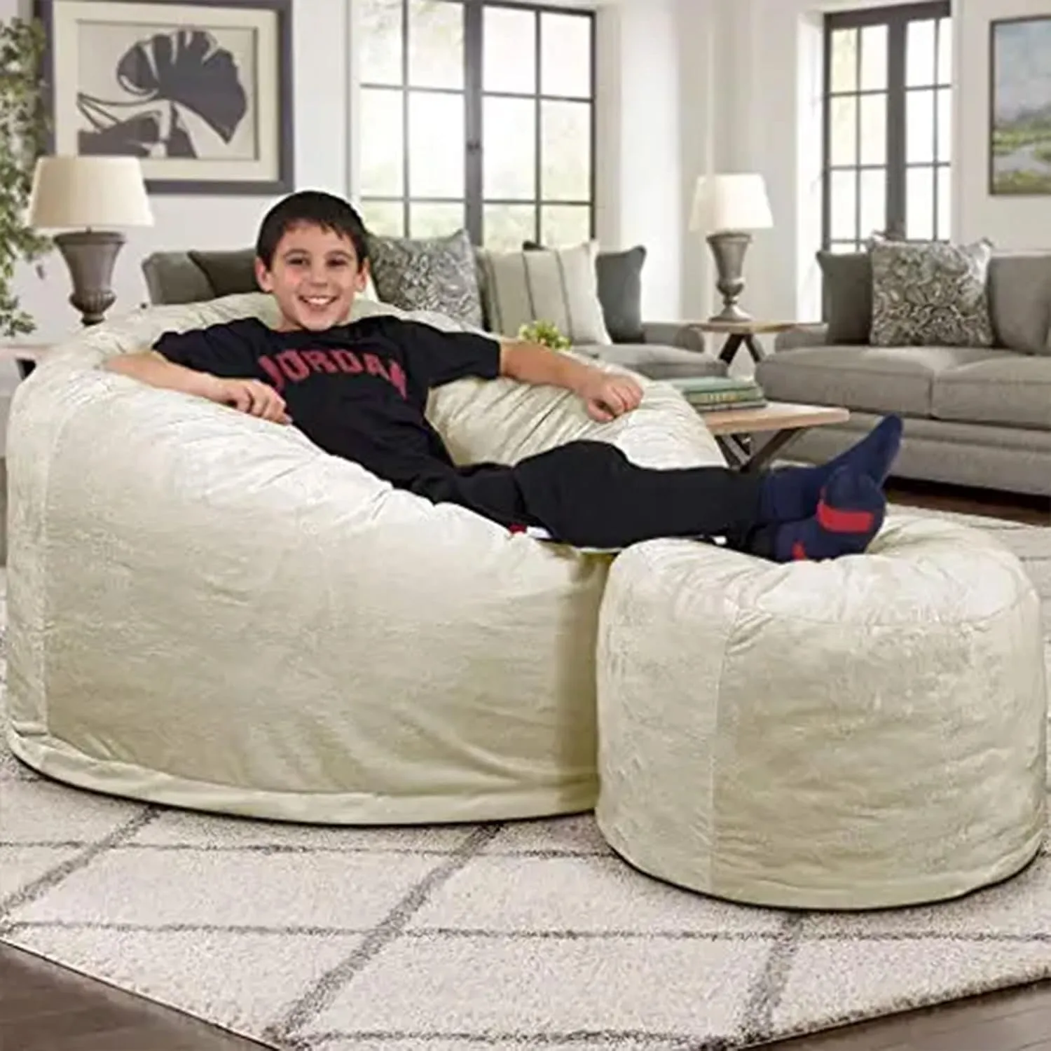 ULTIMATE SACK 4ft Bean Bag Chair & Footstool, Oversize Bean Bag Chair for Adults, Comfy Chair Bean Bag Couch Lounge Sofa Loveseat Furniture | Ivory Fur