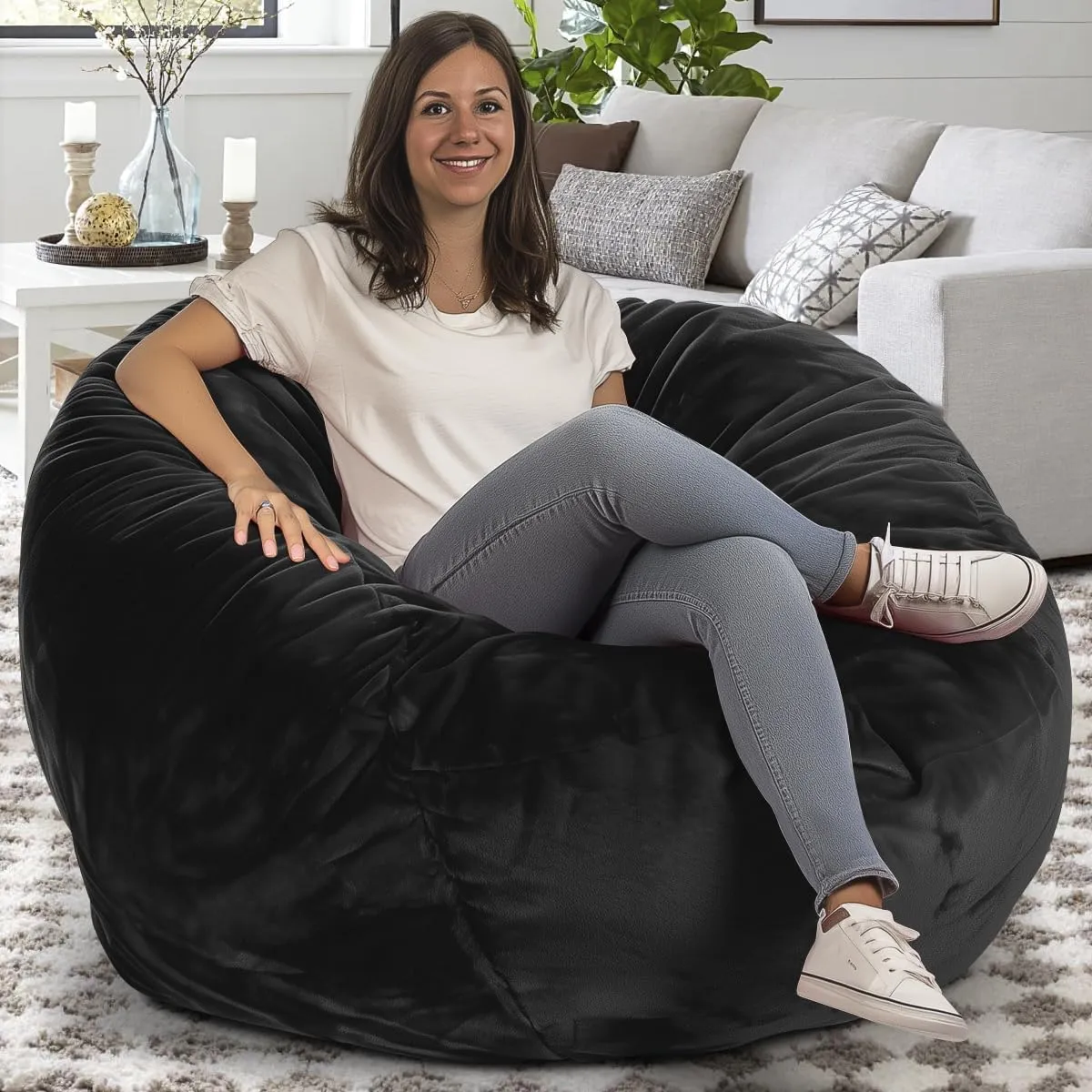 ULTIMATE SACK 4ft Bean Bag Chair, Oversize Bean Bag Chair for Adults, Comfy Chair Bean Bag Couch Lounge Sofa Loveseat Furniture | Black Fur