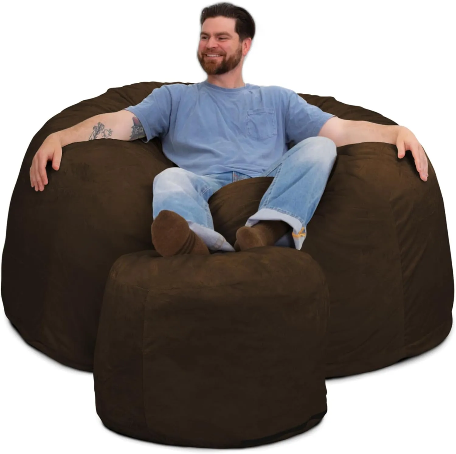 ULTIMATE SACK 5ft Bean Bag Chair & Footstool, Oversize Bean Bag Chair for Adults, Comfy Chair Bean Bag Couch Lounge Sofa Loveseat Furniture | Brown Fur