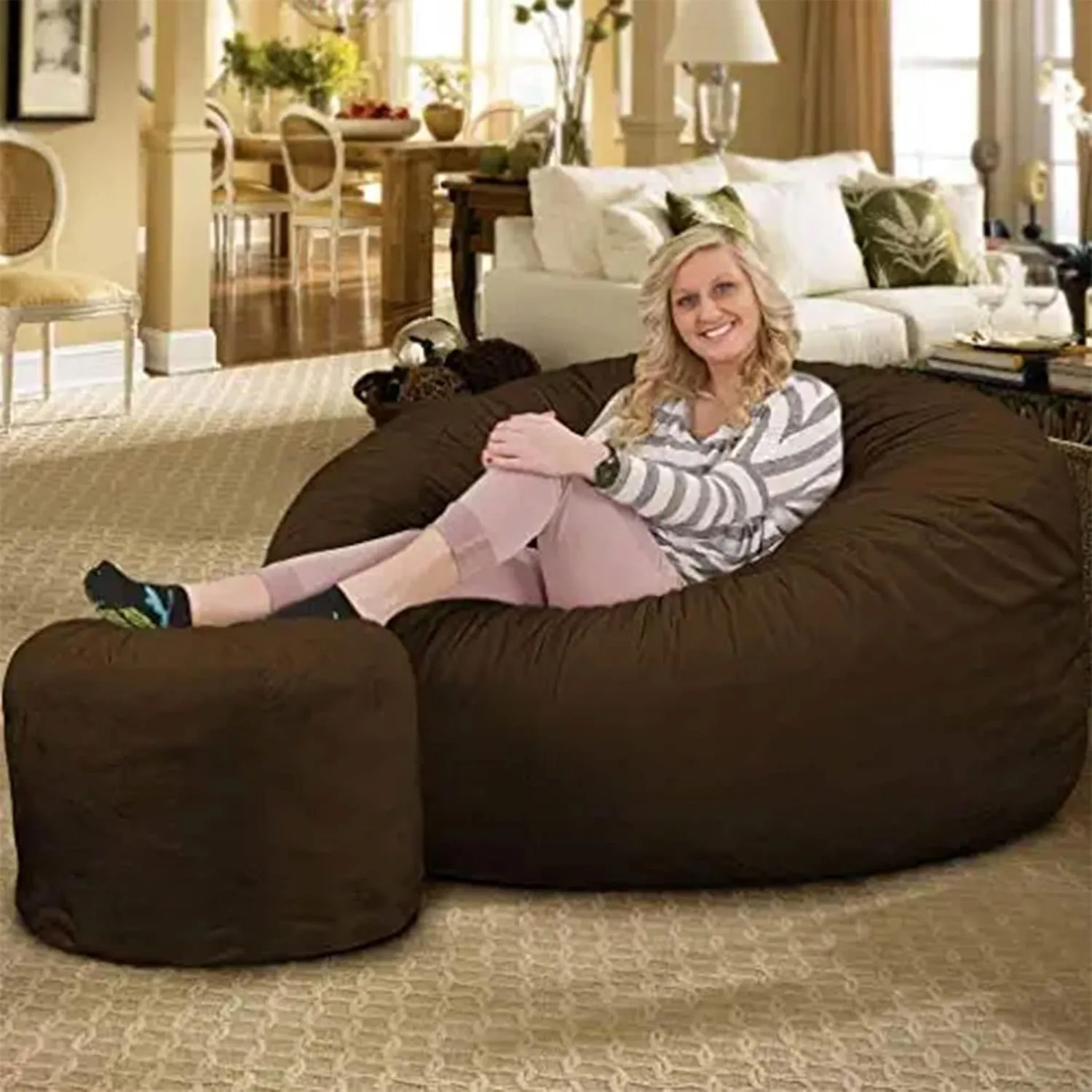 ULTIMATE SACK 5ft Bean Bag Chair & Footstool, Oversize Bean Bag Chair for Adults, Comfy Chair Bean Bag Couch Lounge Sofa Loveseat Furniture | Brown Suede