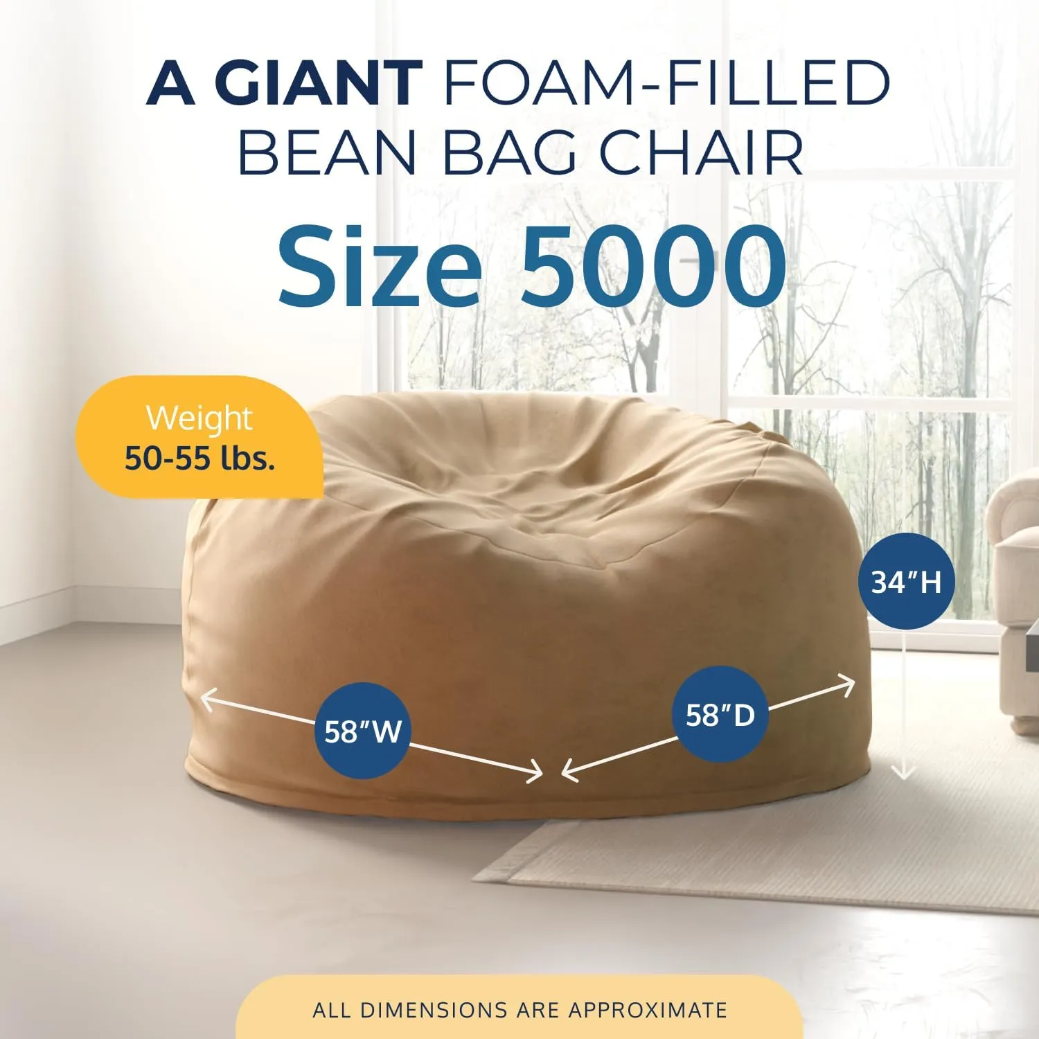 ULTIMATE SACK 5ft Bean Bag Chair & Footstool, Oversize Bean Bag Chair for Adults, Comfy Chair Bean Bag Couch Lounge Sofa Loveseat Furniture | Camel Suede
