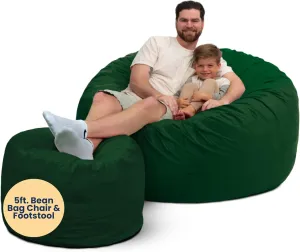 ULTIMATE SACK 5ft Bean Bag Chair & Footstool, Oversize Bean Bag Chair for Adults, Comfy Chair Bean Bag Couch Lounge Sofa Loveseat Furniture | Hunter Green Suede
