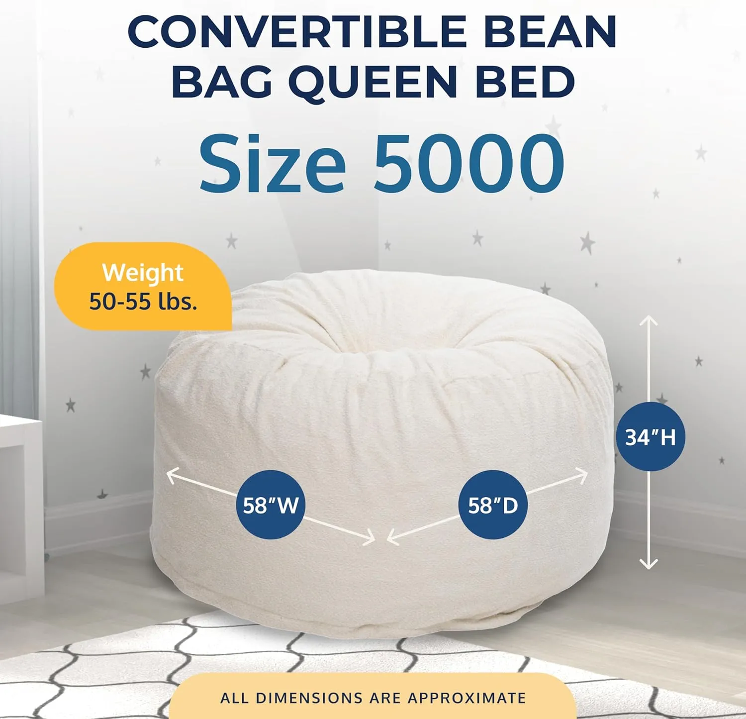ULTIMATE SACK 5ft Bean Bag Chair, Oversize Bean Bag Chair for Adults, Comfy Chair Bean Bag Couch Lounge Sofa Loveseat Furniture | Alabaster Bouchon