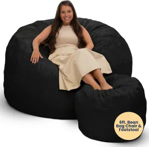 ULTIMATE SACK 6ft Bean Bag Chair & Footstool, Oversize Bean Bag Chair for Adults, Comfy Chair Bean Bag Couch Lounge Sofa Loveseat Furniture | Black Fur
