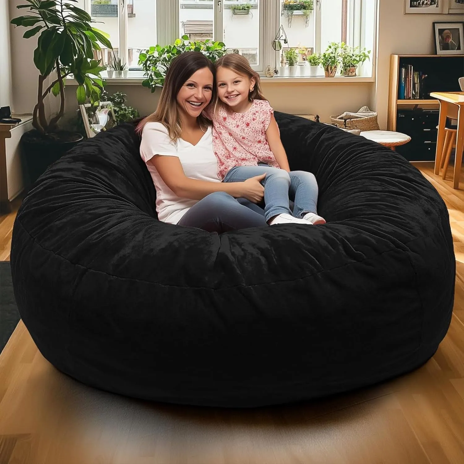 ULTIMATE SACK 6ft Bean Bag Chair & Footstool, Oversize Bean Bag Chair for Adults, Comfy Chair Bean Bag Couch Lounge Sofa Loveseat Furniture | Black Fur