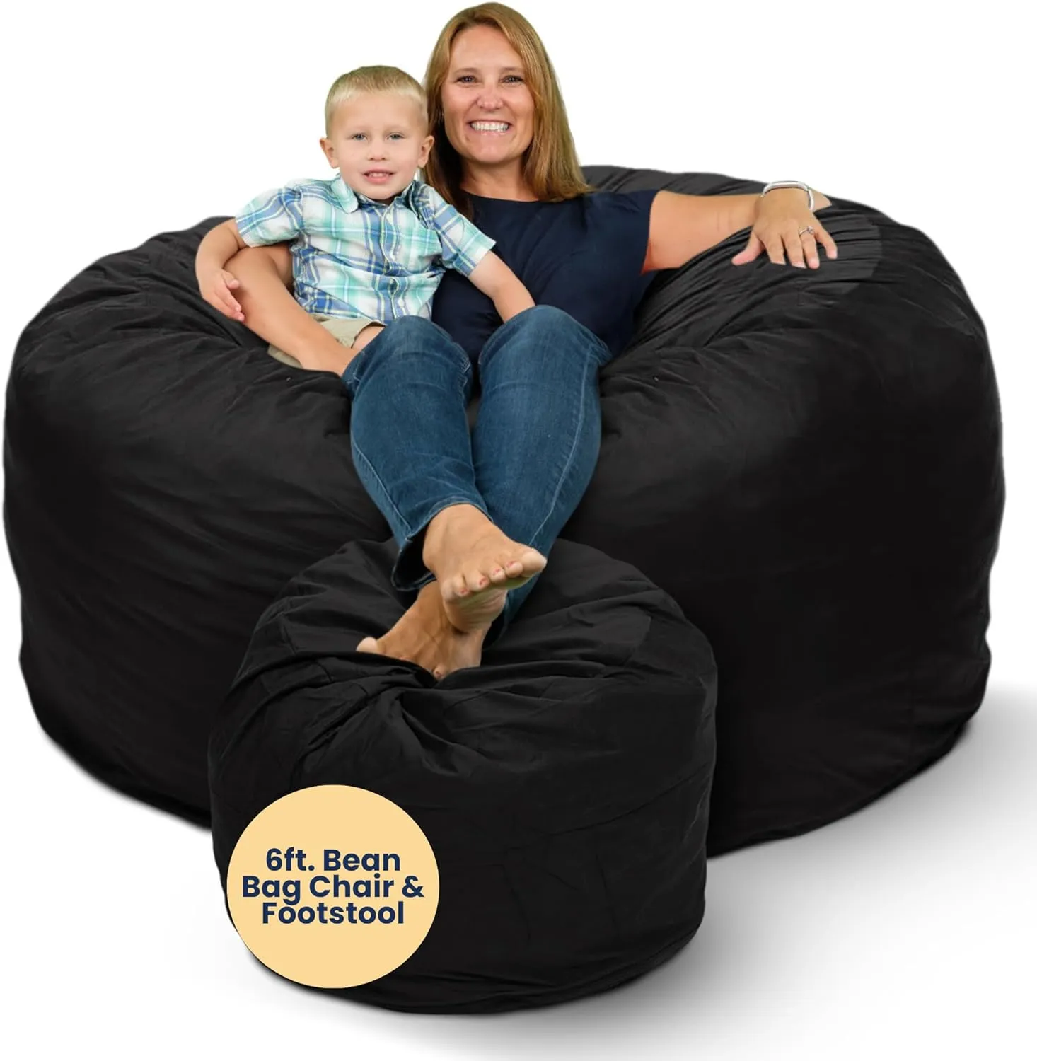 ULTIMATE SACK 6ft Bean Bag Chair & Footstool, Oversize Bean Bag Chair for Adults, Comfy Chair Bean Bag Couch Lounge Sofa Loveseat Furniture | Black Suede