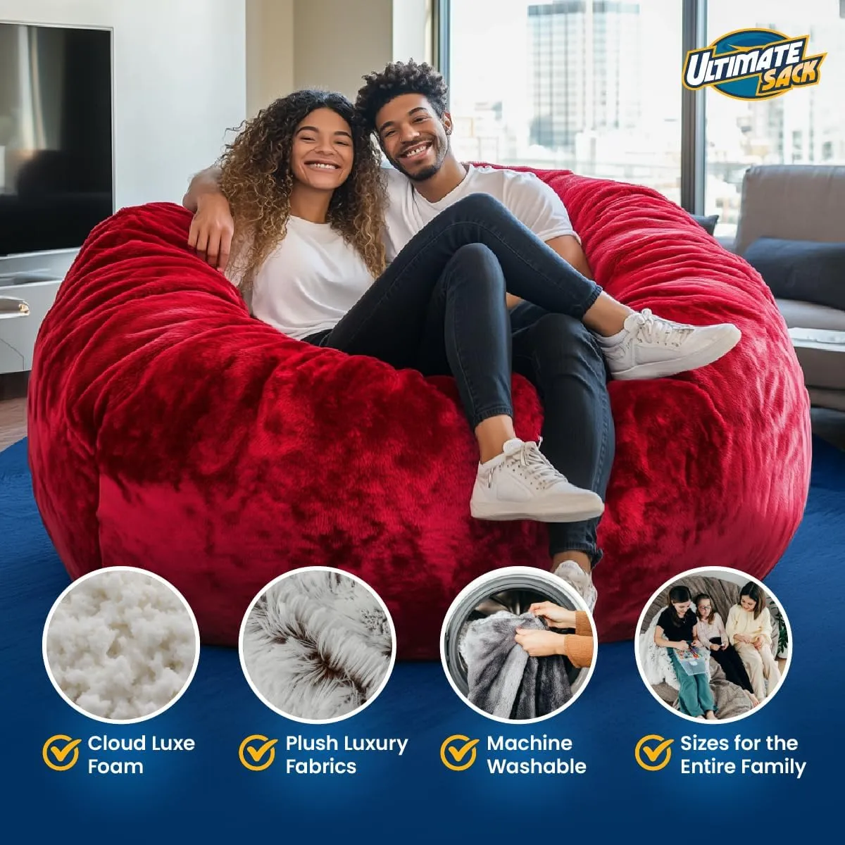 ULTIMATE SACK 6ft Bean Bag Chair & Footstool, Oversize Bean Bag Chair for Adults, Comfy Chair Bean Bag Couch Lounge Sofa Loveseat Furniture | Black Suede