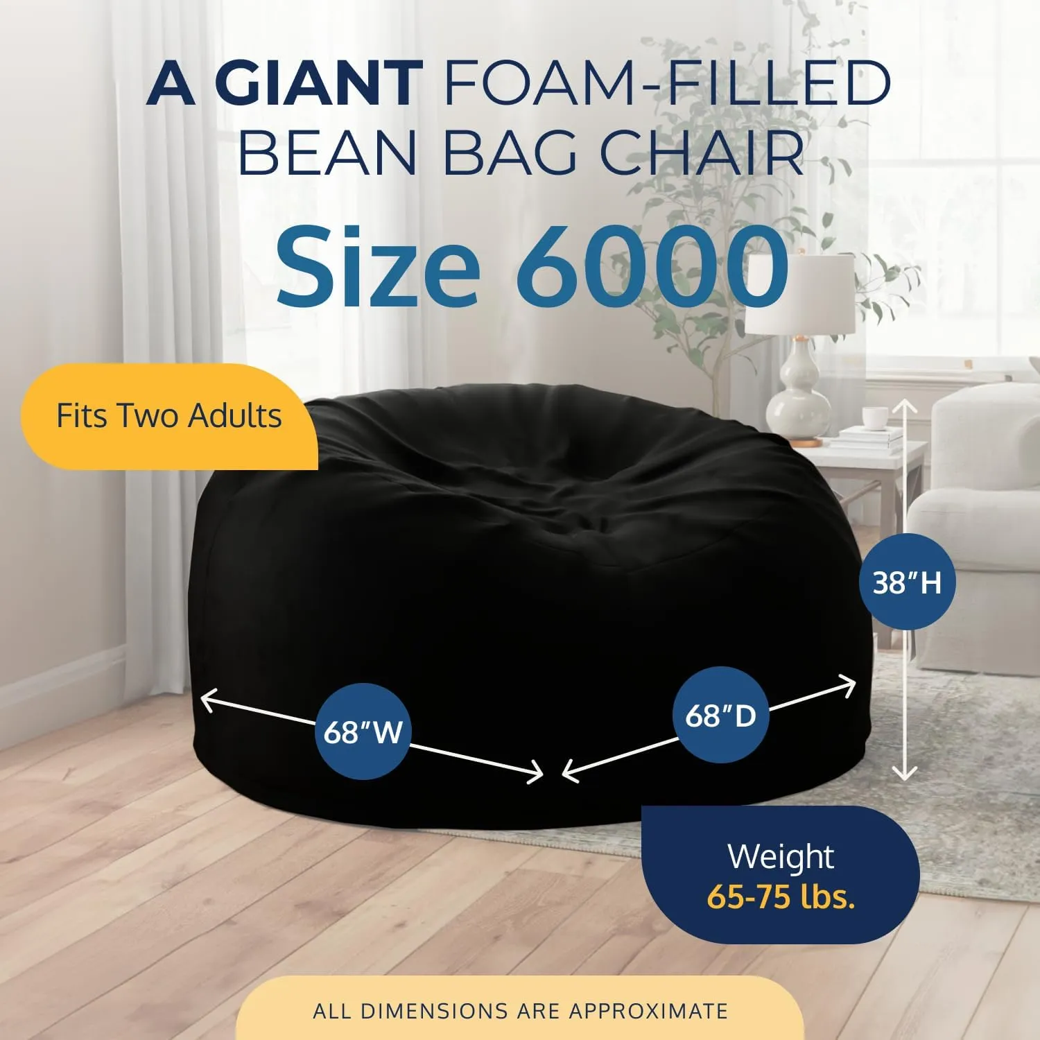 ULTIMATE SACK 6ft Bean Bag Chair & Footstool, Oversize Bean Bag Chair for Adults, Comfy Chair Bean Bag Couch Lounge Sofa Loveseat Furniture | Black Suede