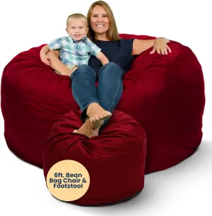 ULTIMATE SACK 6ft Bean Bag Chair & Footstool, Oversize Bean Bag Chair for Adults, Comfy Chair Bean Bag Couch Lounge Sofa Loveseat Furniture | Burgundy Suede