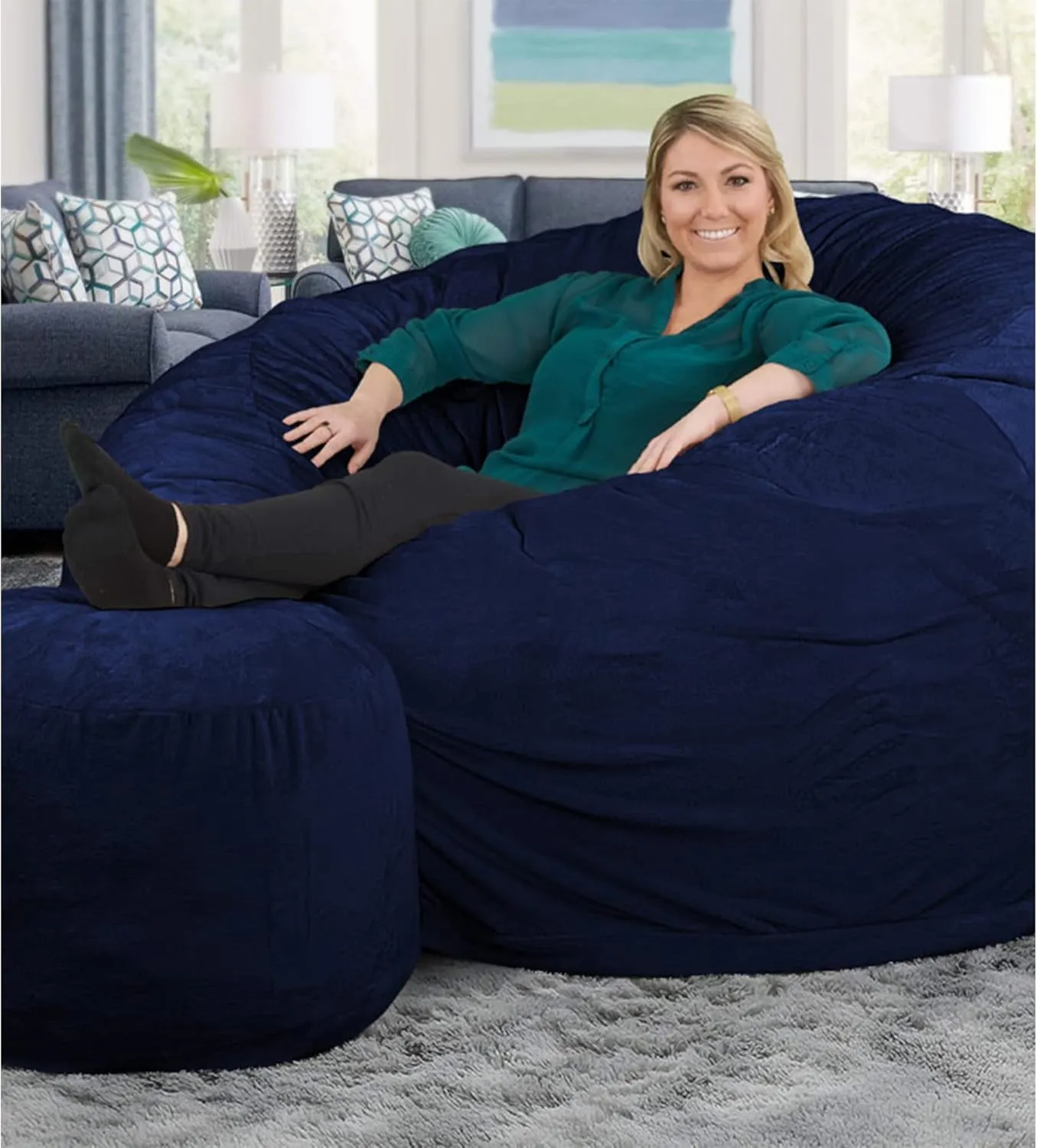 ULTIMATE SACK 6ft Bean Bag Chair & Footstool, Oversize Bean Bag Chair for Adults, Comfy Chair Bean Bag Couch Lounge Sofa Loveseat Furniture | Navy Fur