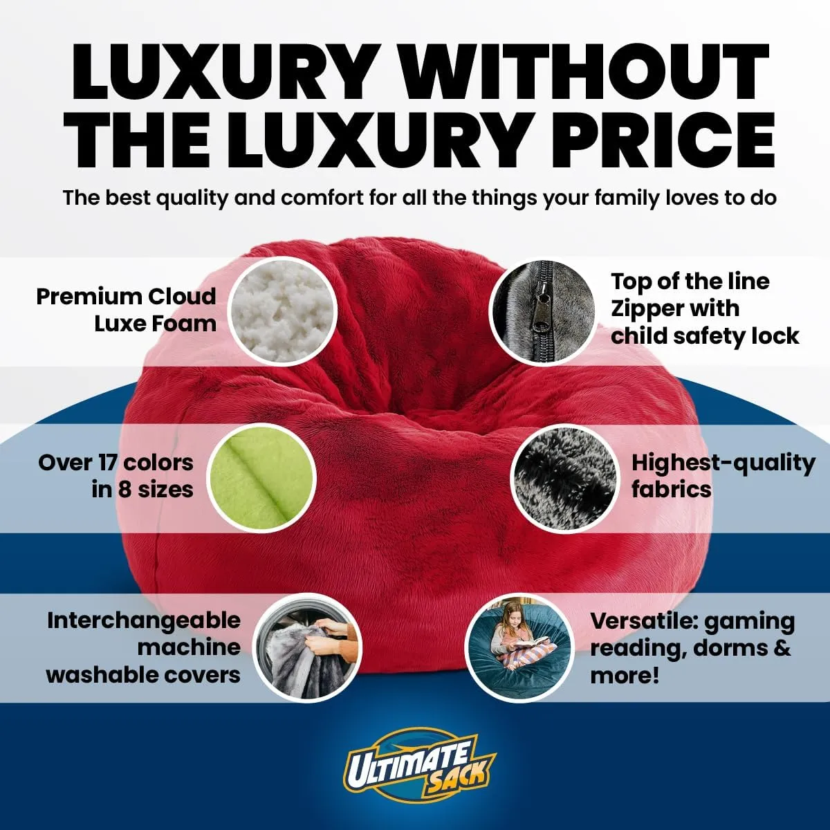 ULTIMATE SACK Lounger Bean Bag Chair, Oversize Bean Bag Chair for Adults, Comfy Chair Bean Bag Couch Lounge Sofa Loveseat Furniture | Cloud Fur