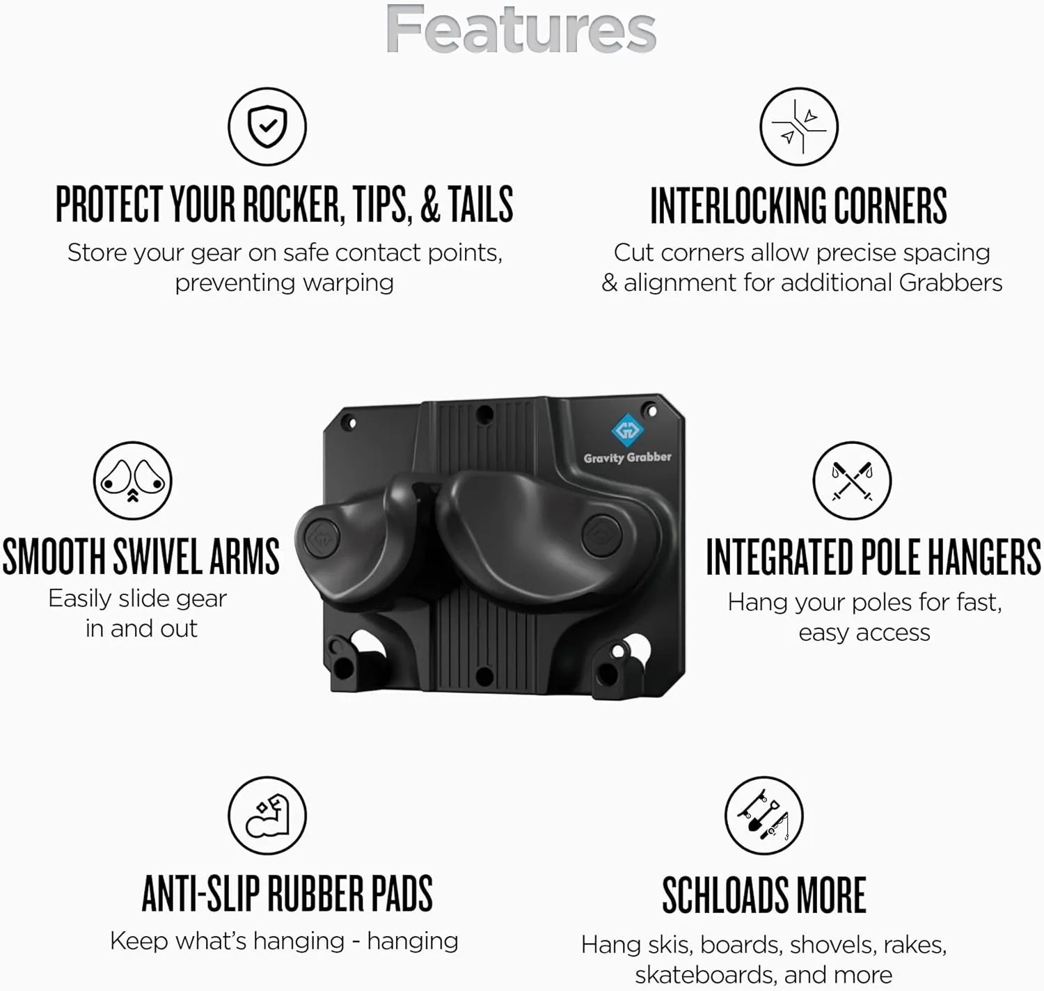 Ultimate Ski & Snowboard Wall Storage Rack - Fits any Ski or Snowboard - Save Your Rocker, Tips and Tails - Damage-free - 2x - Black