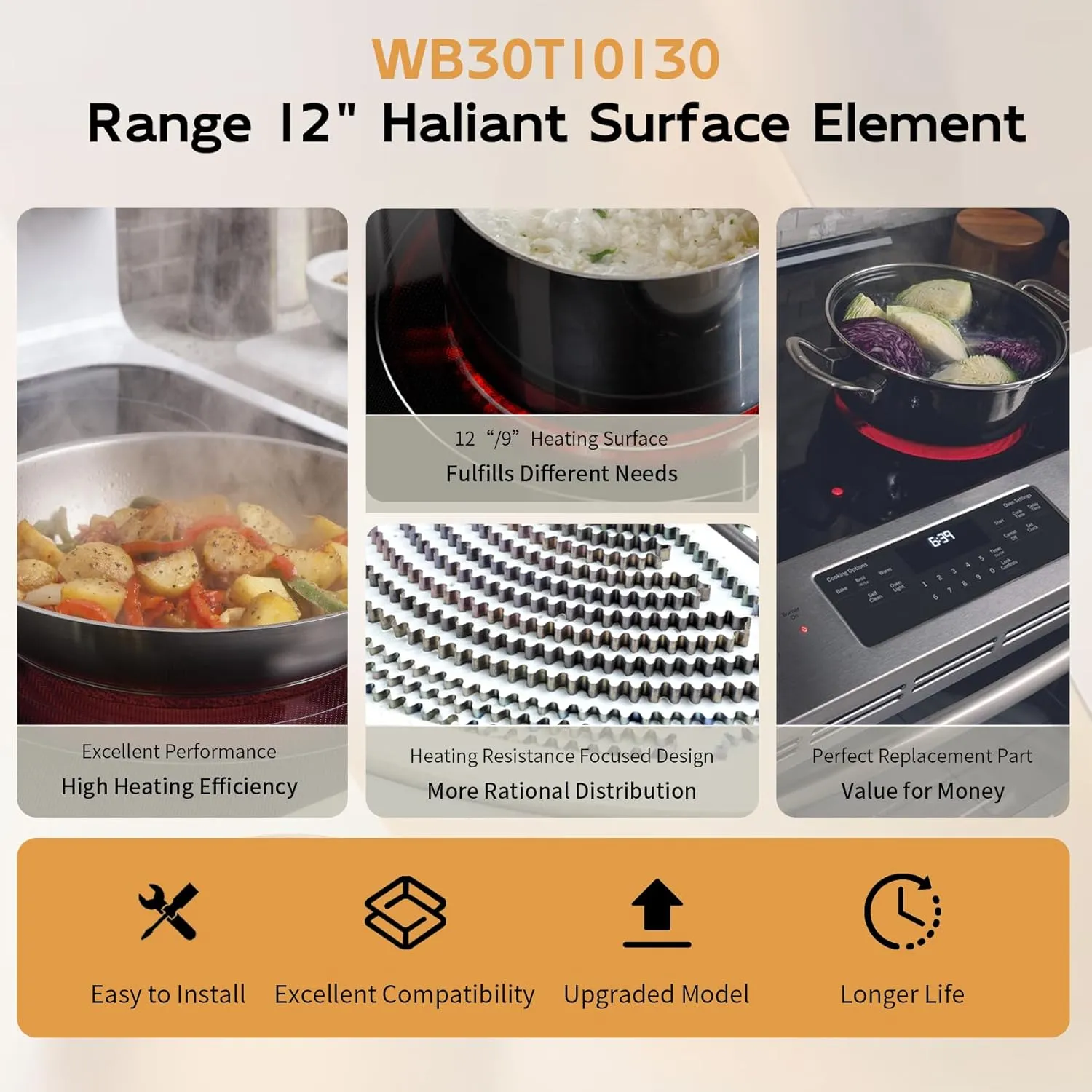 UPGRADED WB30T10130 12" Dual Haliant Surface Element Replacement for GE Stove, AP4344395 12"/9" Dual Radiant Surface Element, PS2321564 12 inch Burner Replace AH2321564 1474216