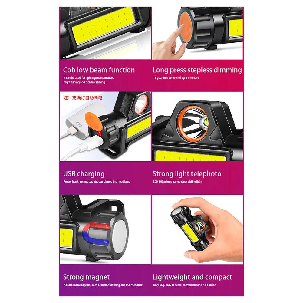 US 2-4Pack Waterproof LED Headlamp Flashlight USB Rechargeable Headlight Camping