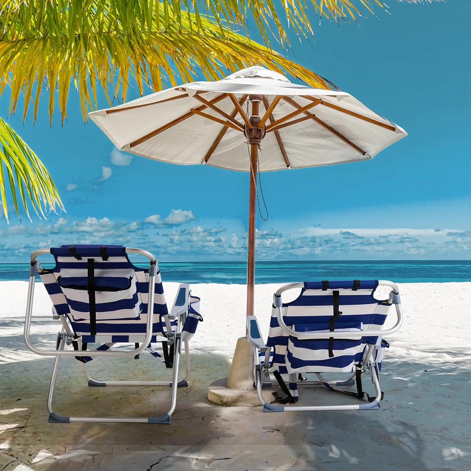 Vasitelan Outdoor Folding Backpack Beach Chair with 5 Positions, Towel bar, Cooler Pouch, Cup Holder,Folding Beach Chair with Backpack Straps (Blue Stripes, Short)