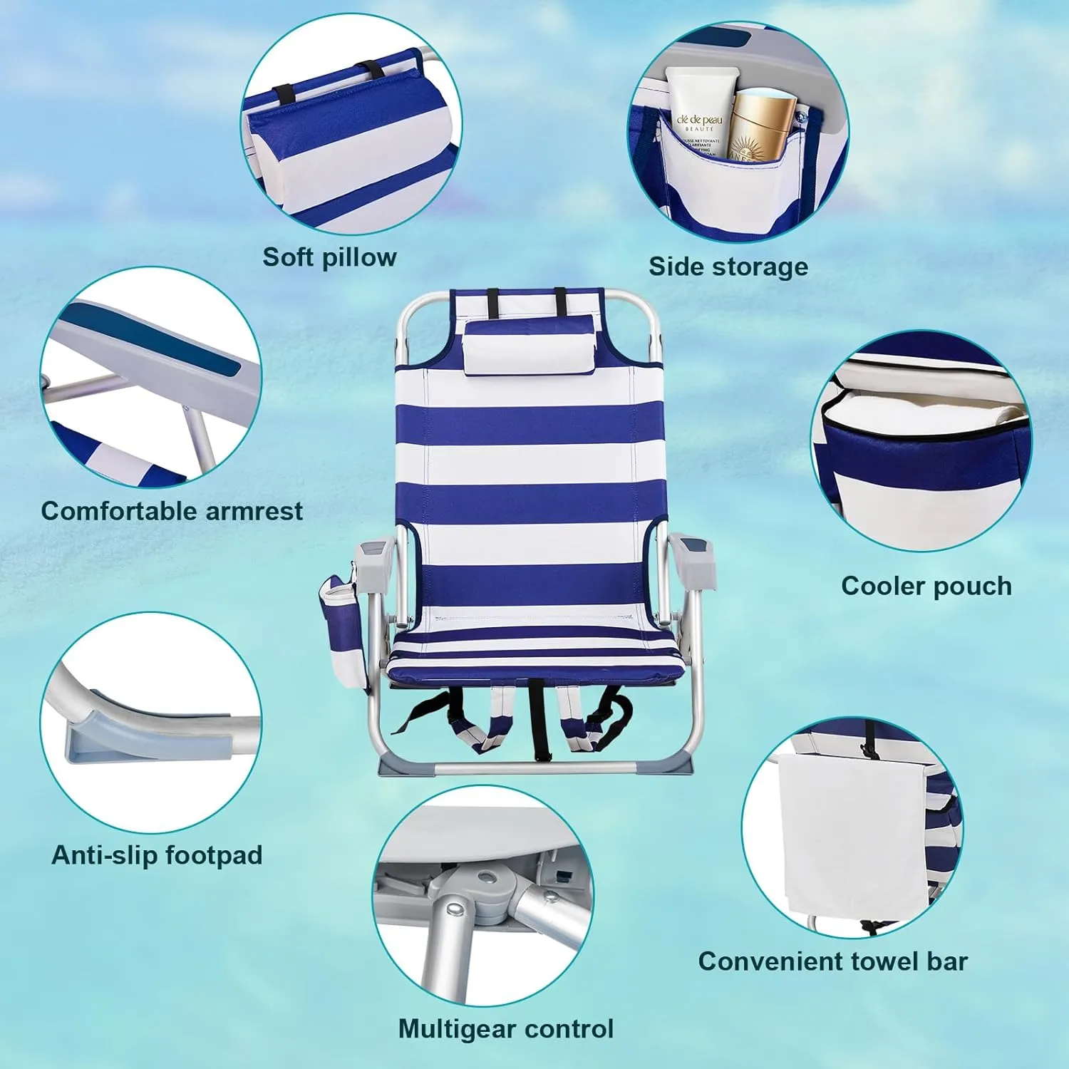Vasitelan Outdoor Folding Backpack Beach Chair with 5 Positions, Towel bar, Cooler Pouch, Cup Holder,Folding Beach Chair with Backpack Straps (Blue Stripes, Short)