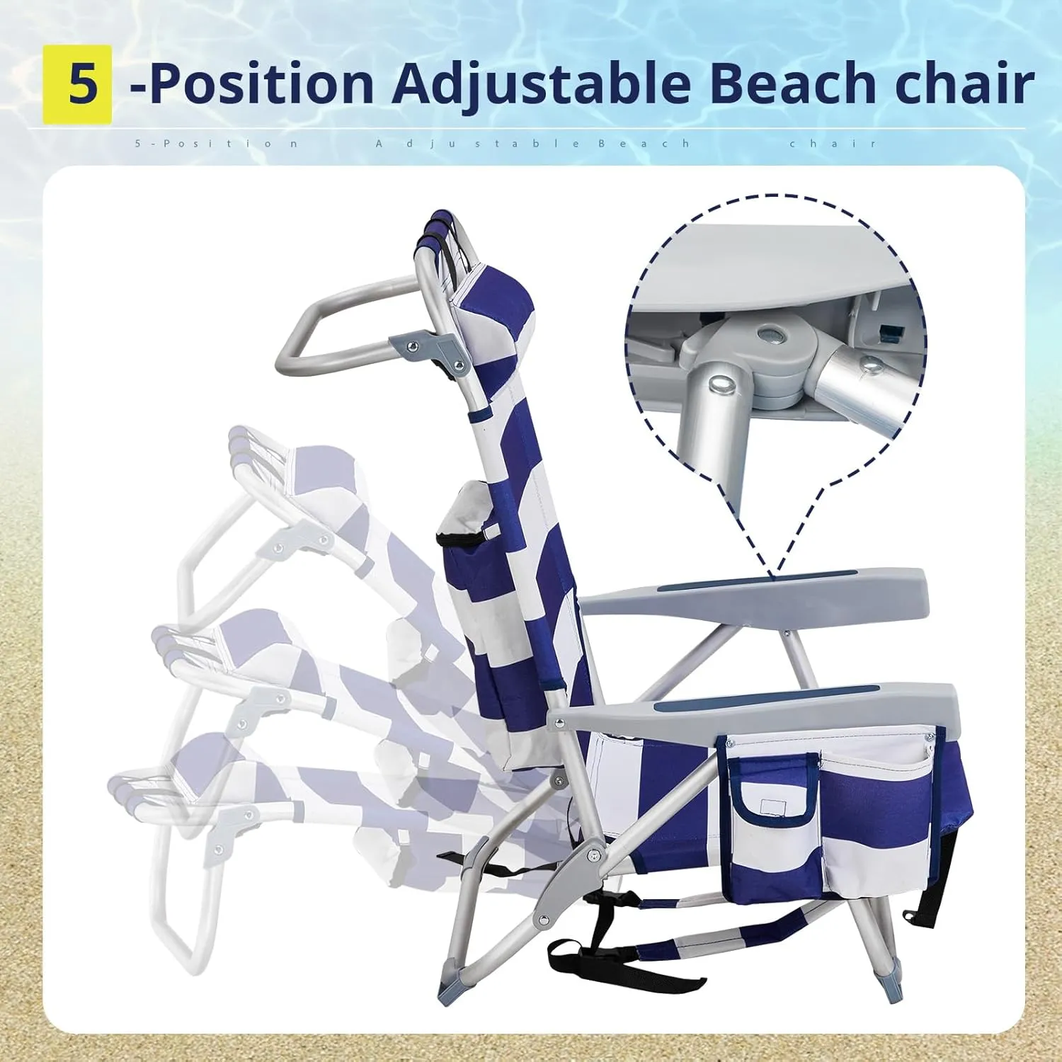 Vasitelan Outdoor Folding Backpack Beach Chair with 5 Positions, Towel bar, Cooler Pouch, Cup Holder,Folding Beach Chair with Backpack Straps (Blue Stripes, Short)