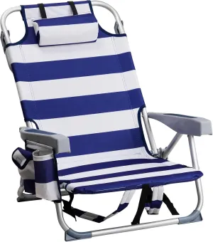 Vasitelan Outdoor Folding Backpack Beach Chair with 5 Positions, Towel bar, Cooler Pouch, Cup Holder,Folding Beach Chair with Backpack Straps (Blue Stripes, Short)