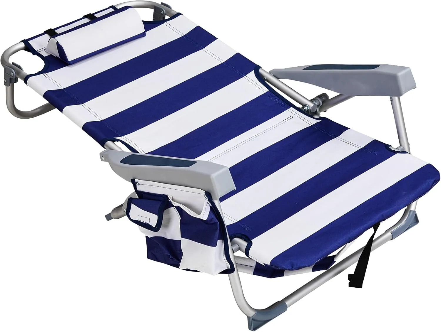 Vasitelan Outdoor Folding Backpack Beach Chair with 5 Positions, Towel bar, Cooler Pouch, Cup Holder,Folding Beach Chair with Backpack Straps (Blue Stripes, Short)