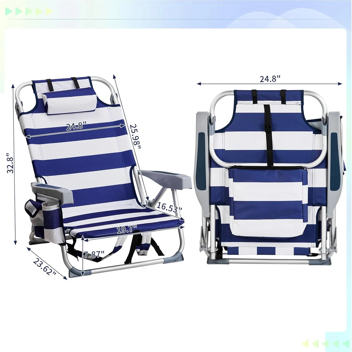 Vasitelan Outdoor Folding Backpack Beach Chair with 5 Positions, Towel bar, Cooler Pouch, Cup Holder,Folding Beach Chair with Backpack Straps (Blue Stripes, Short)