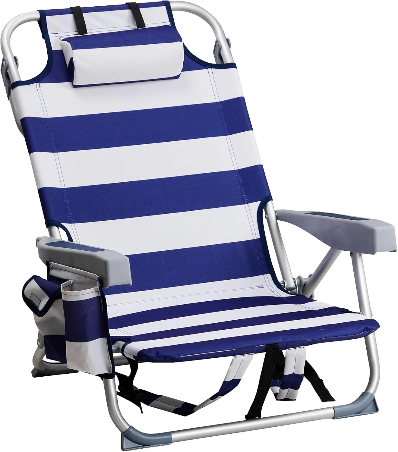Vasitelan Outdoor Folding Backpack Beach Chair with 5 Positions, Towel bar, Cooler Pouch, Cup Holder,Folding Beach Chair with Backpack Straps (Blue Stripes, Short)