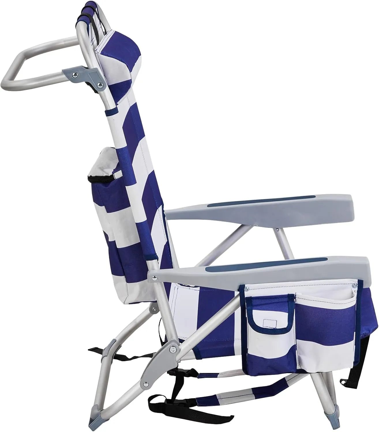 Vasitelan Outdoor Folding Backpack Beach Chair with 5 Positions, Towel bar, Cooler Pouch, Cup Holder,Folding Beach Chair with Backpack Straps (Blue Stripes, Short)