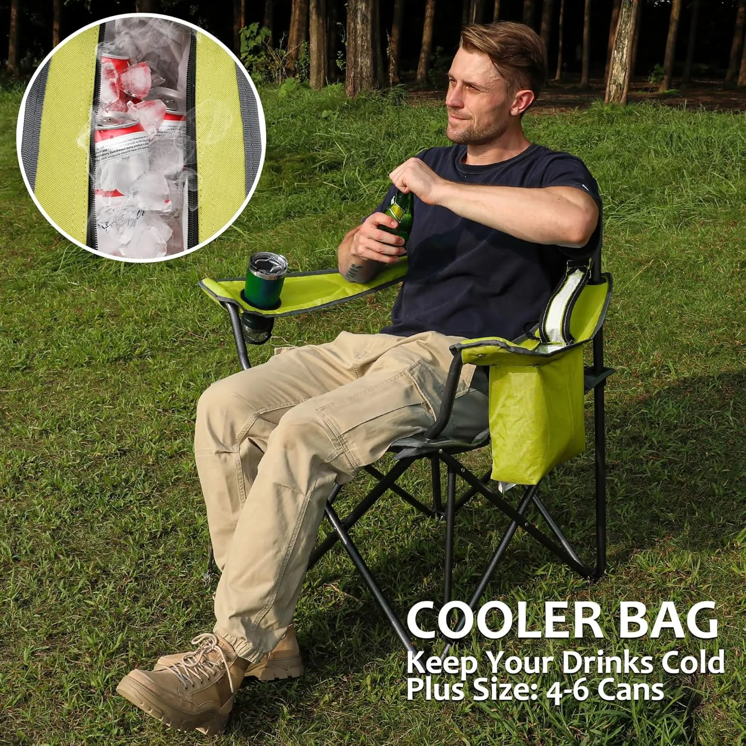 VILLEY Camping Chair, Oversized Folding Camp Chair, Portable Outdoor Chairs Support 450 LBS with Padded Seats, Cooler Bag, Cup Holder, Carry Bag, Green