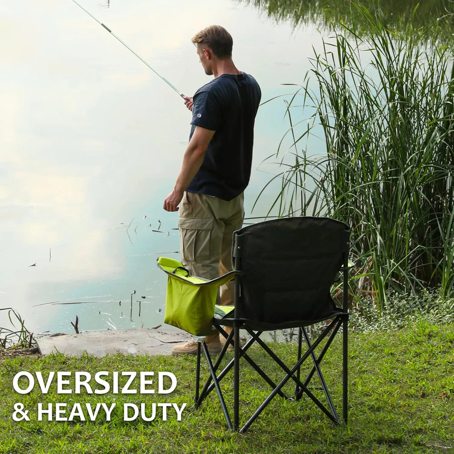 VILLEY Camping Chair, Oversized Folding Camp Chair, Portable Outdoor Chairs Support 450 LBS with Padded Seats, Cooler Bag, Cup Holder, Carry Bag, Green