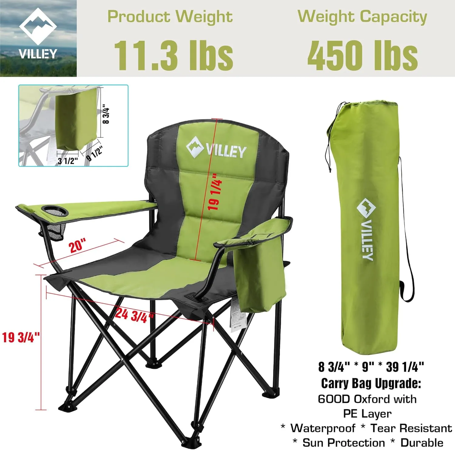 VILLEY Camping Chair, Oversized Folding Camp Chair, Portable Outdoor Chairs Support 450 LBS with Padded Seats, Cooler Bag, Cup Holder, Carry Bag, Green