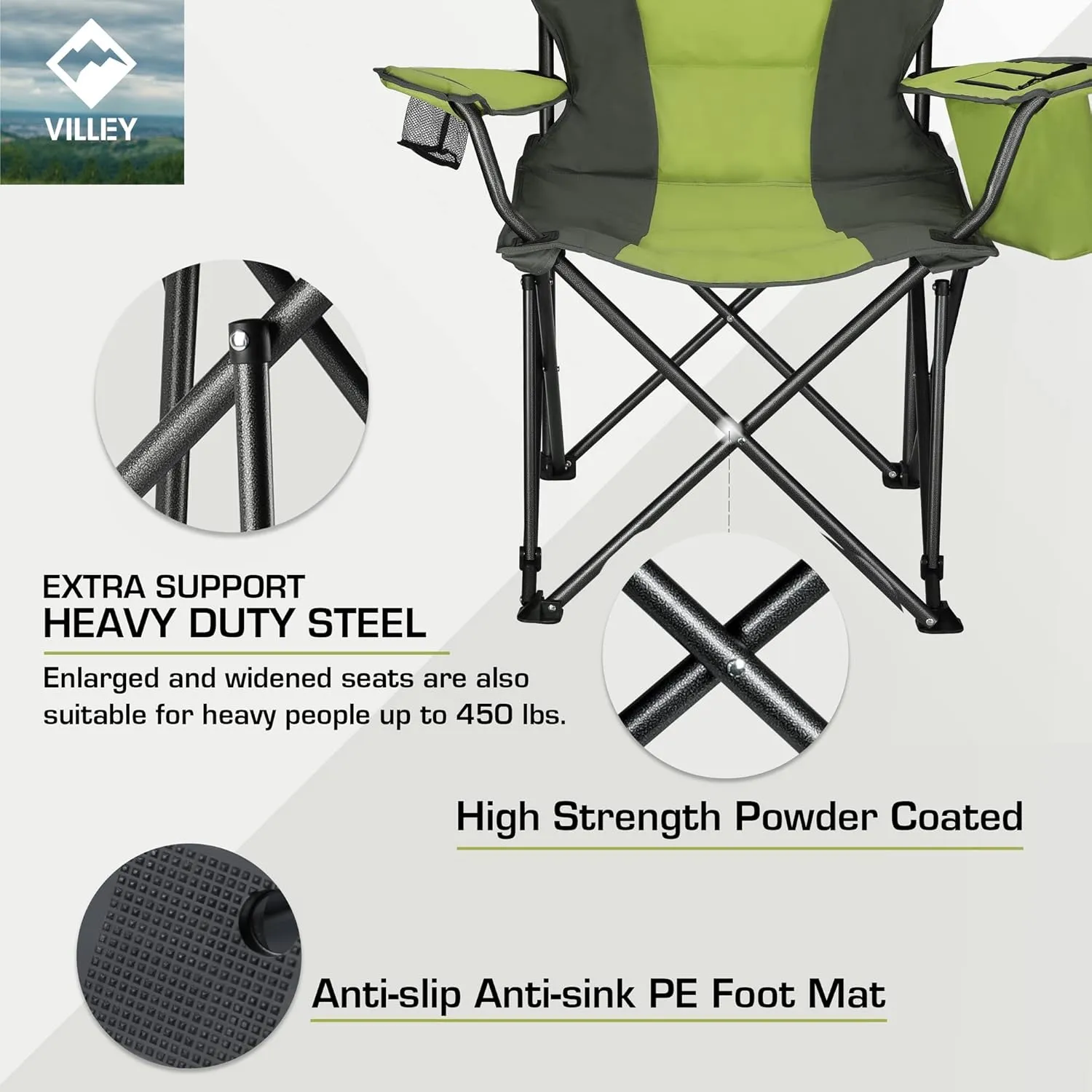 VILLEY Camping Chair, Oversized Folding Camp Chair, Portable Outdoor Chairs Support 450 LBS with Padded Seats, Cooler Bag, Cup Holder, Carry Bag, Green
