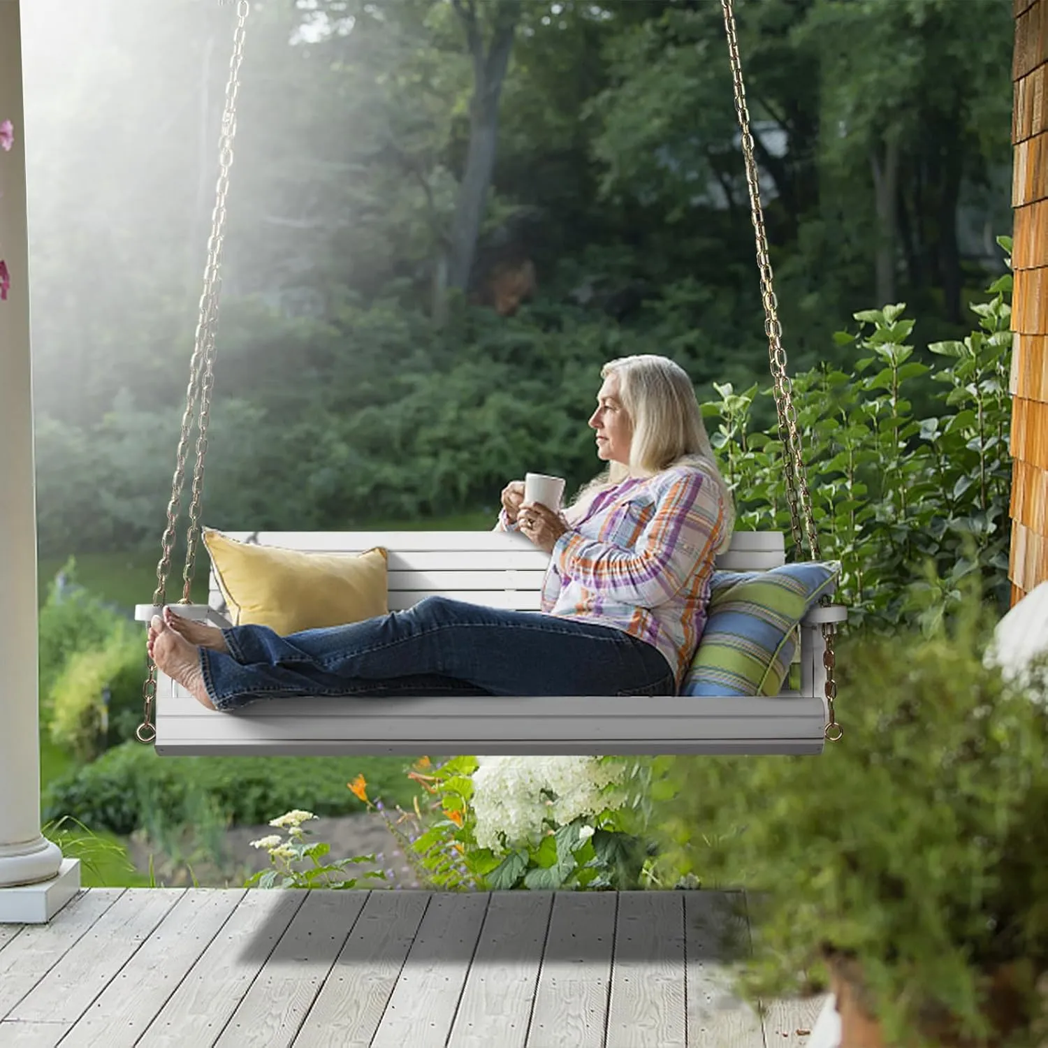 VINGLI Upgraded Patio Wooden Porch Swing for Courtyard & Garden, Heavy Duty 880 LBS Swing Chair Bench with Hanging Chains for Outdoors (White, 4 FT)