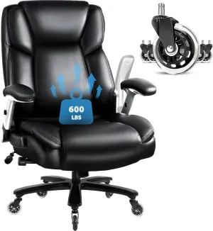 VITESSE 600lbs Big and Tall Office Chair with Flip up Armrest, Large Heavy Duty with Ergonomic Lumbar Support, Executive Office Chair for Heavy People with Quiet Rubber Wheel (Black)
