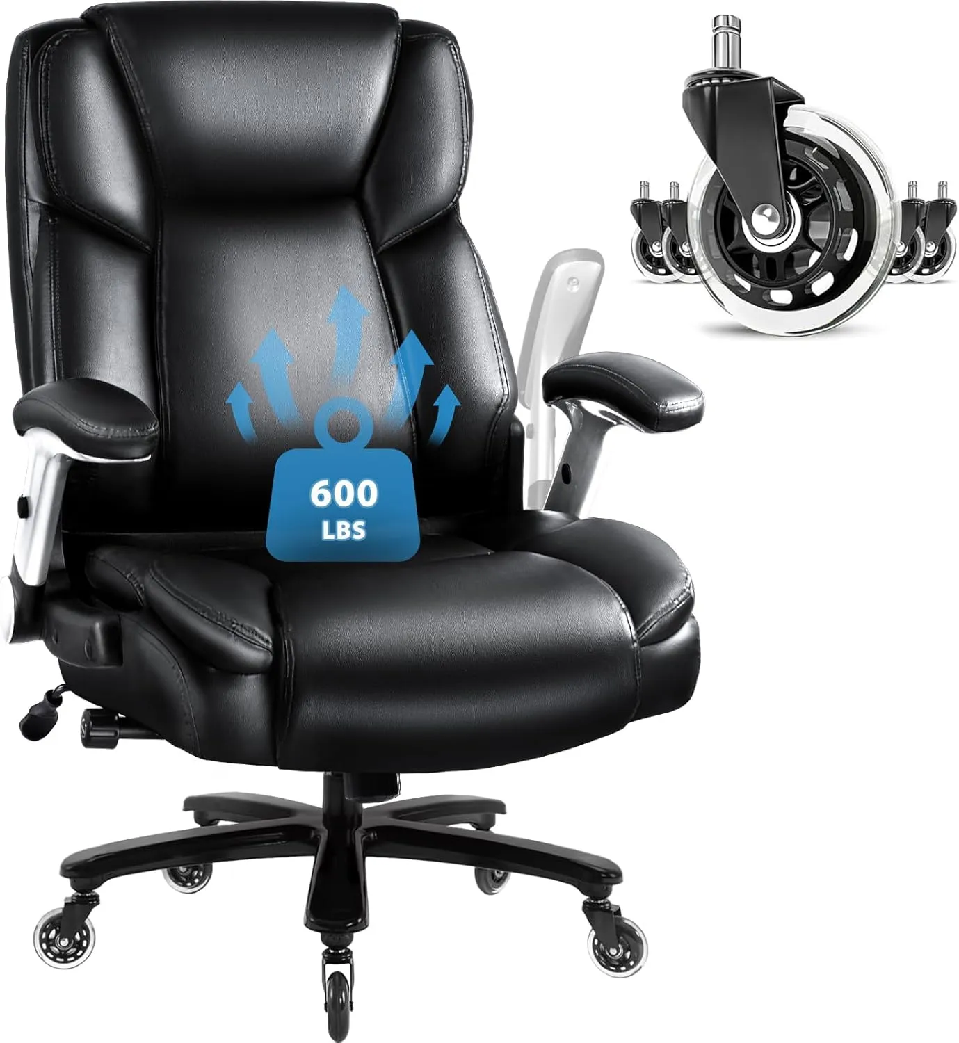 VITESSE 600lbs Big and Tall Office Chair with Flip up Armrest, Large Heavy Duty with Ergonomic Lumbar Support, Executive Office Chair for Heavy People with Quiet Rubber Wheel (Black)