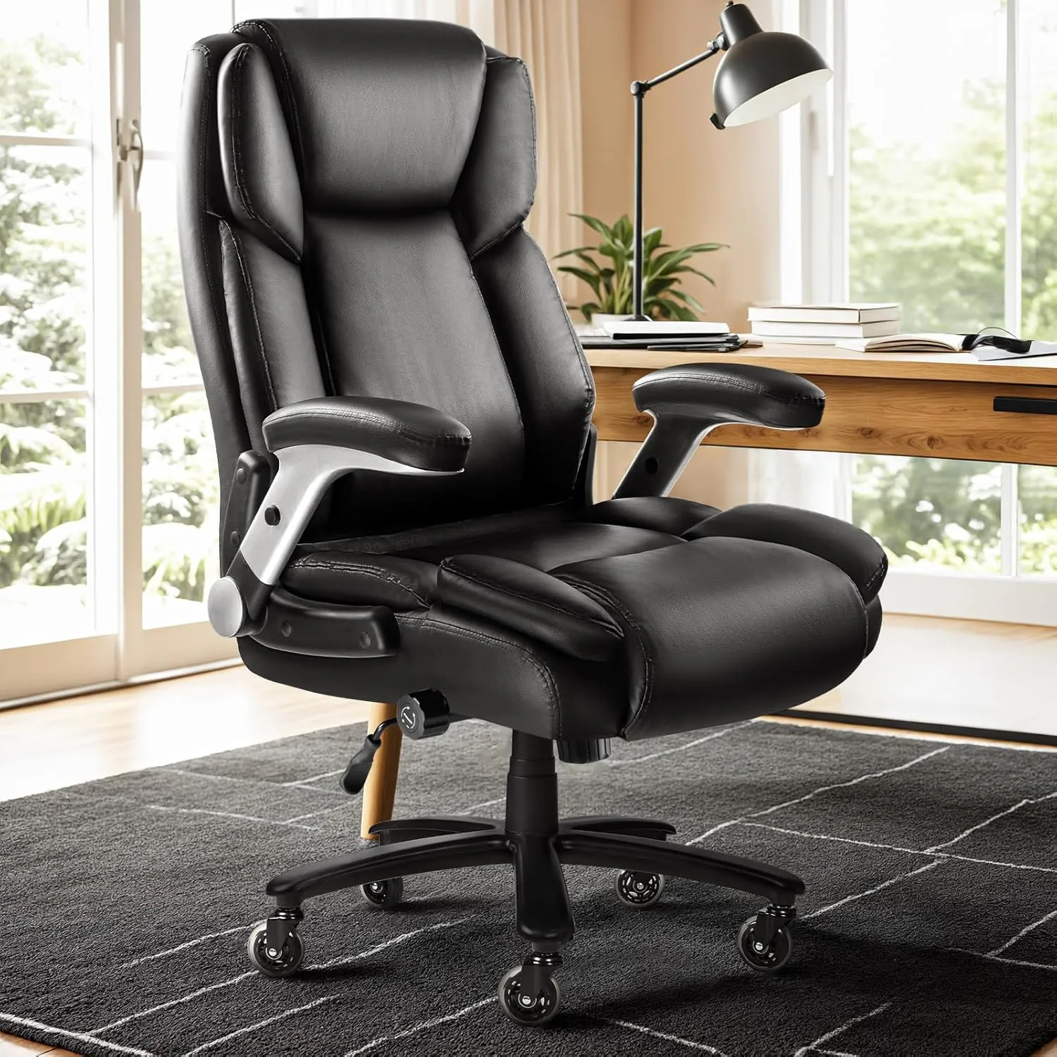 VITESSE 600lbs Big and Tall Office Chair with Flip up Armrest, Large Heavy Duty with Ergonomic Lumbar Support, Executive Office Chair for Heavy People with Quiet Rubber Wheel (Black)