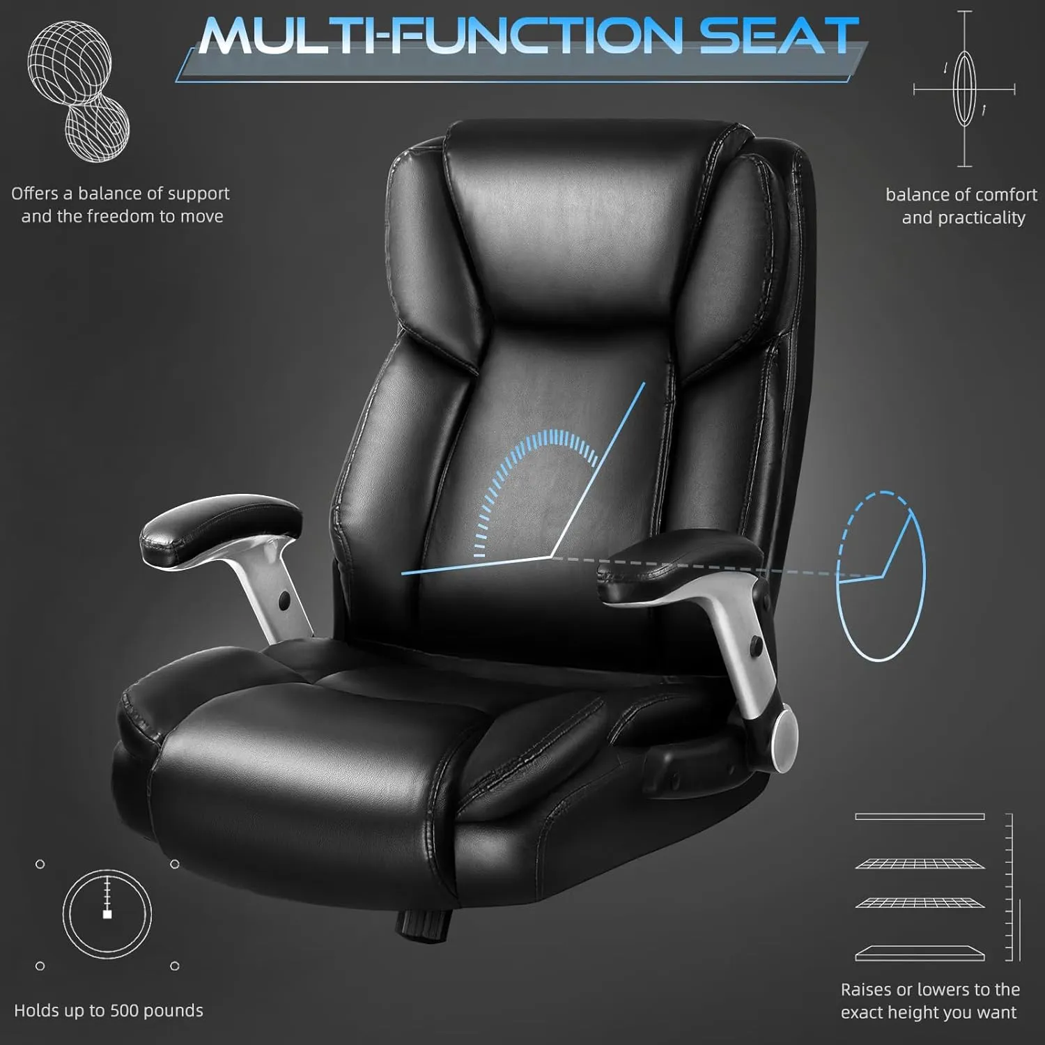 VITESSE 600lbs Big and Tall Office Chair with Flip up Armrest, Large Heavy Duty with Ergonomic Lumbar Support, Executive Office Chair for Heavy People with Quiet Rubber Wheel (Black)