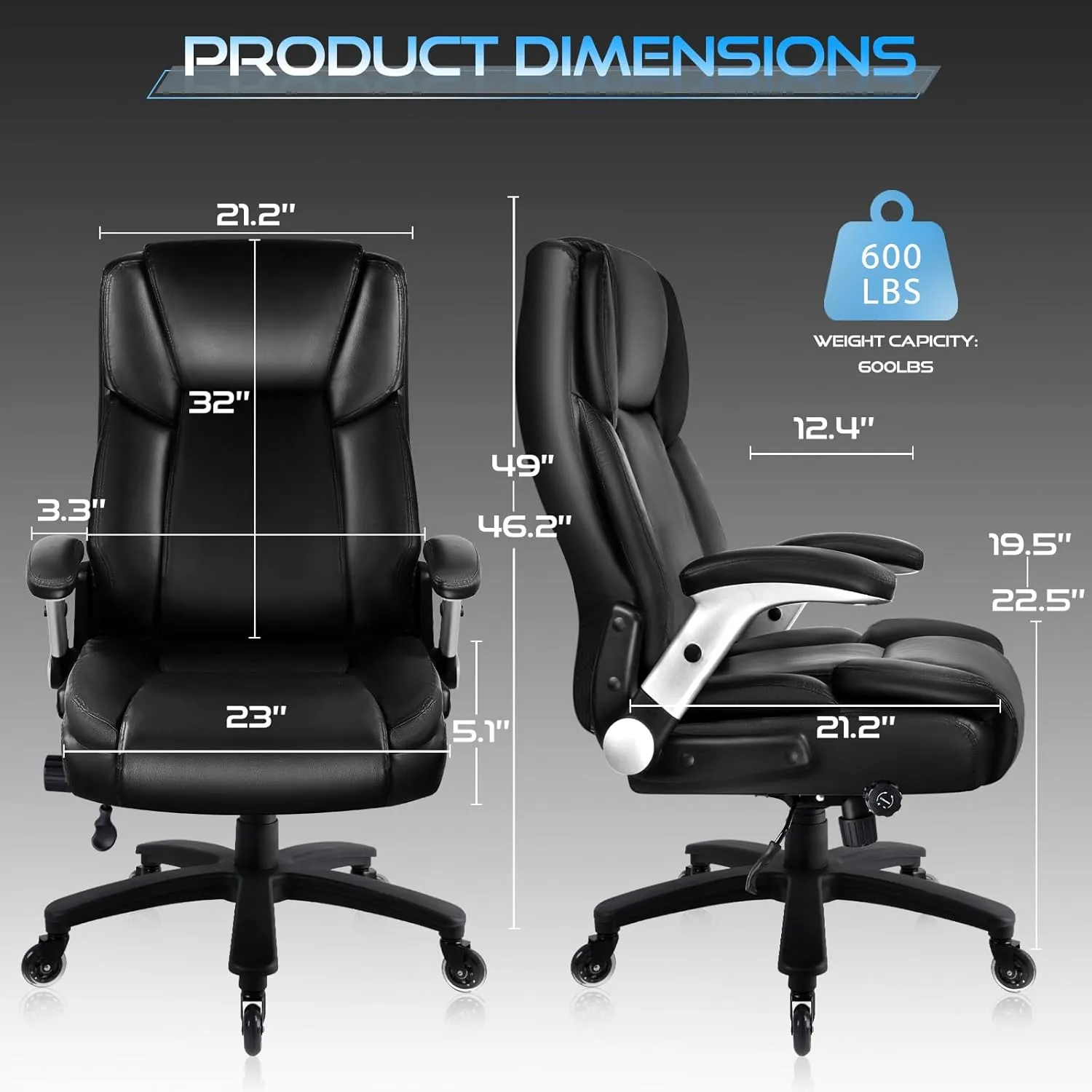 VITESSE 600lbs Big and Tall Office Chair with Flip up Armrest, Large Heavy Duty with Ergonomic Lumbar Support, Executive Office Chair for Heavy People with Quiet Rubber Wheel (Black)