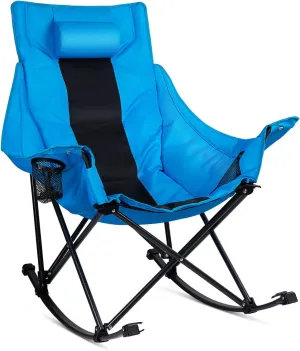 VITESSE Oversized Rocking Camping Chair, Luxury Padded Recliner,Oversized Folding Lawn Chair with Pocket and Carry Bag,Outdoor Camp Rocker Chairs for Adults Heavy Duty 300 LBS (Blue)