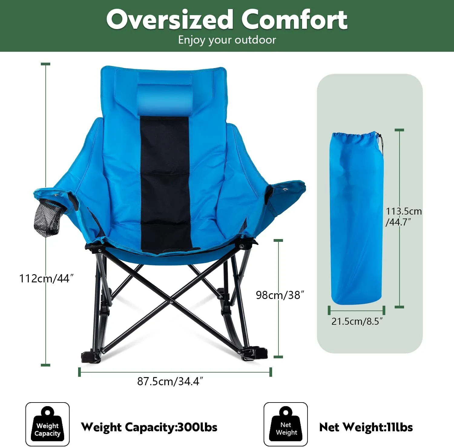VITESSE Oversized Rocking Camping Chair, Luxury Padded Recliner,Oversized Folding Lawn Chair with Pocket and Carry Bag,Outdoor Camp Rocker Chairs for Adults Heavy Duty 300 LBS (Blue)