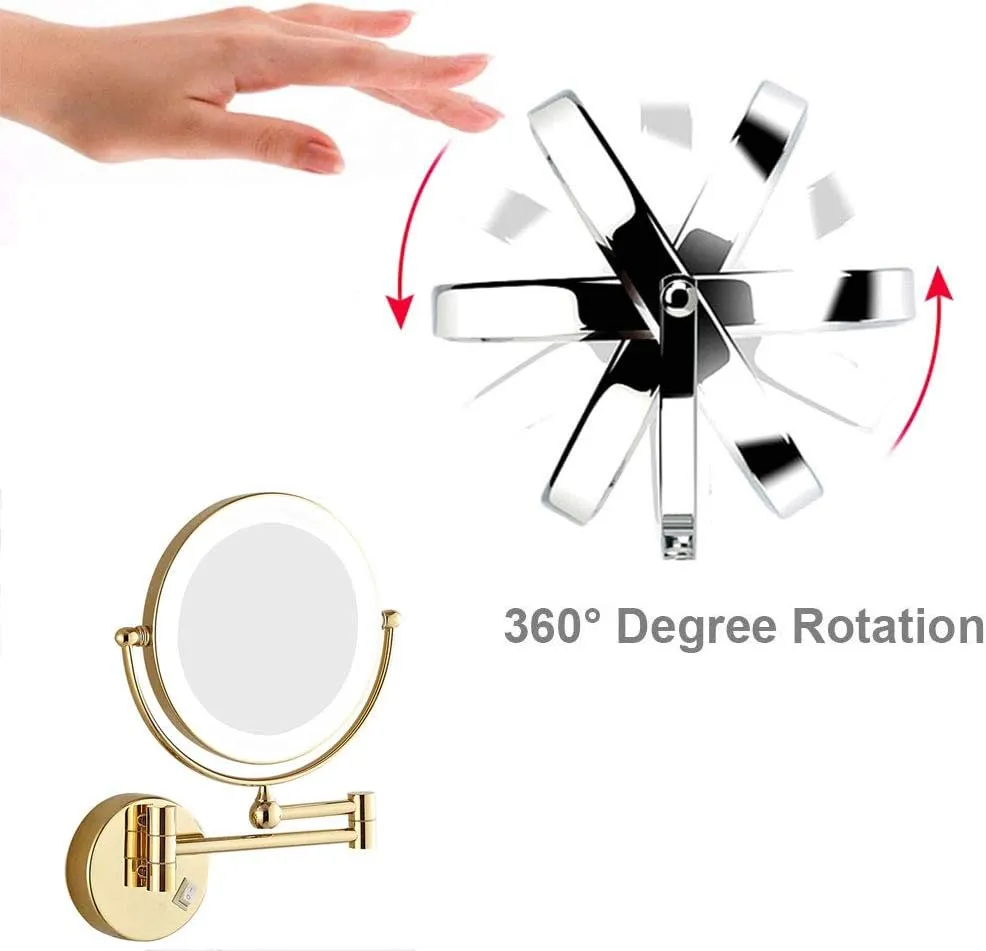 Wall Mounted Makeup Mirror with LDE Lights, Makeup Mirror with Magnification for Bathroom, Extendable Arm, Two-Sided Extendable, 360 Degree Swivel, 8 in